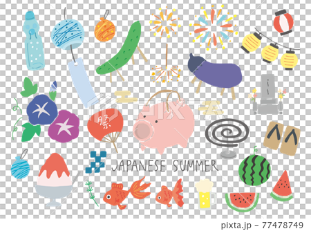 Hand-drawn illustration set related to Obon (no color / outline) 77478749