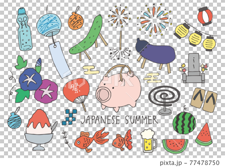 お盆にまつわる手描きイラストセット（カラー） 77478750