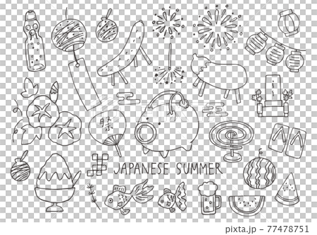 お盆にまつわる手描きイラストセット(モノクロ) お盆にまつわる手描きイラストセット(モノクロ) 77478751
