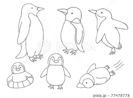 手描きのペンギン親子 線画 モノクロ のイラスト素材