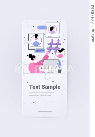 woman sharing information with hashtag media marketing advertising blogging promotion social network communication 77478862