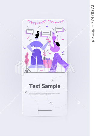 women with gifts drinking wine girls celebrating birthday party chat bubble communication concept 77478872