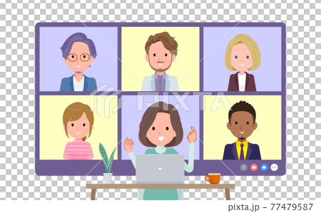 A set of middle-aged tunic women having an online meeting with multiple people. Front angle 77479587