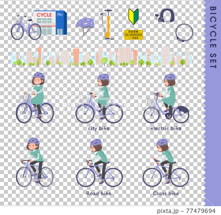 A set of middle-aged women in tunic riding various bicycles 77479694