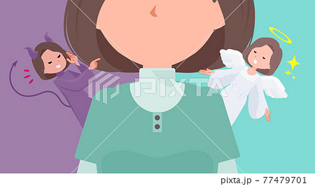 天使と悪魔の間で葛藤するチュニック中年女性のセットのイラスト素材