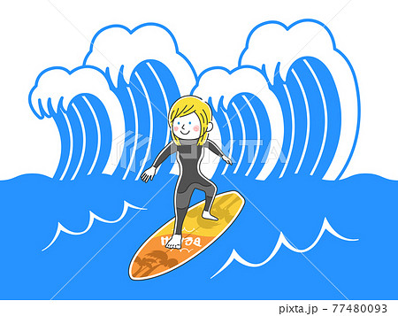 海でサーフィンをする女性のイラストのイラスト素材