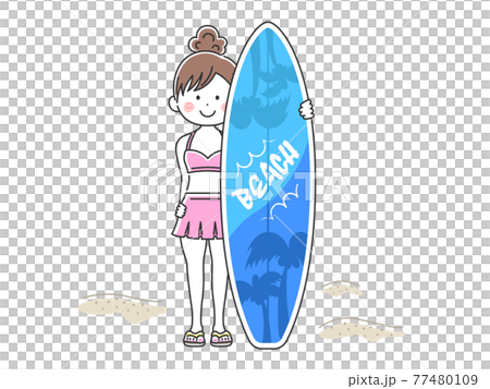 Illustration of a woman in a swimsuit with a surfboard Illustration of a woman in a swimsuit with a surfboard 77480109