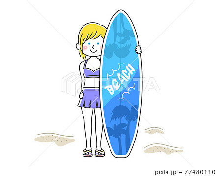 サーフボードを持つ水着の女性のイラストのイラスト素材