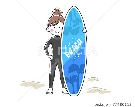 サーフボードを持つウエットスーツを着た女性のイラストのイラスト素材