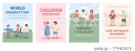 Design posters for world disability day with handicapped kids and their friends. 77482923