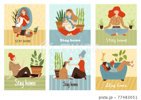 Banners with women enjoying leisure time at home, flat vector illustration. 77483051