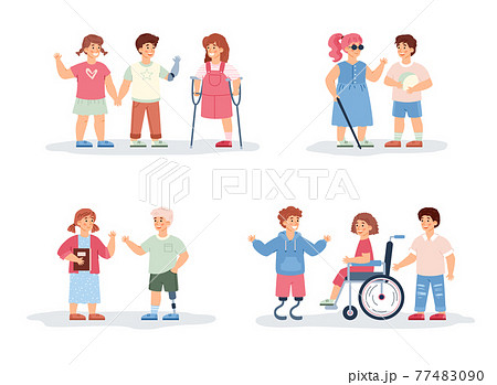 Disabled girls and boys, handicapped kids and helping them friends. 77483090