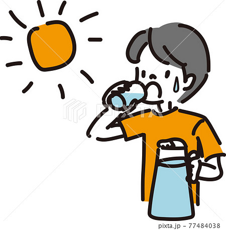 暑い日に水分補給をする男の子のイラストのイラスト素材