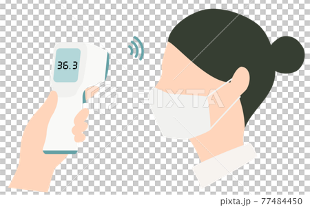 戴口罩的婦女用非接觸式溫度計測量體溫 77484450