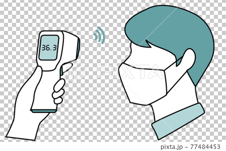 A man wearing a mask to measure body temperature with a non-contact thermometer 77484453