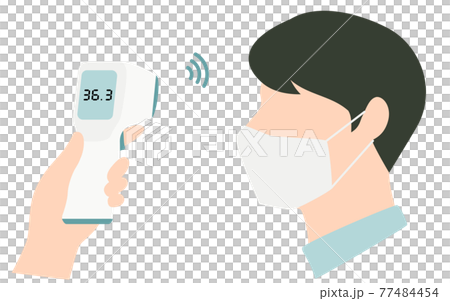 A man wearing a mask to measure body temperature with a non-contact thermometer 77484454
