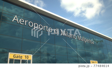 Commercial plane take off reflecting in the windows with Aeroporto di Milano Malpensa or Milan Malpensa Airport text, 3d rendering Commercial plane take off reflecting in the windows with Aeroporto di Milano Malpensa or Milan Malpensa Airport text, 3d rendering 77484614