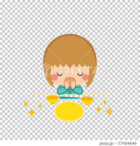 残さず食べて食事の後にご馳走様と挨拶をするお行儀のよい可愛い小さな女の子のイラストのイラスト素材