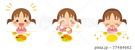 礼儀正しく挨拶をして食事をする可愛い小さな女の子のイラスト セット バリエーション 白背景のイラスト素材