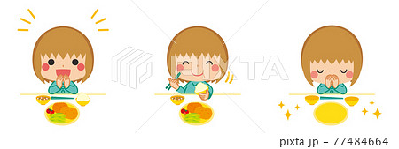 礼儀正しく挨拶をして食事をする可愛い小さな女の子のイラスト　セット　バリエーション　白背景 77484664