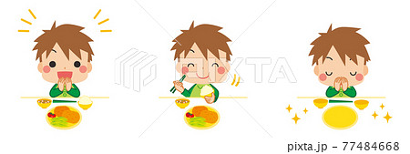 礼儀正しく挨拶をして食事をする可愛い小さな男の子のイラスト　セット　バリエーション　白背景 77484668