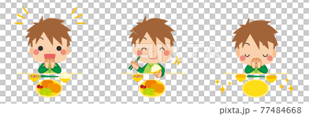 礼儀正しく挨拶をして食事をする可愛い小さな男の子のイラスト　セット　バリエーション　白背景 77484668