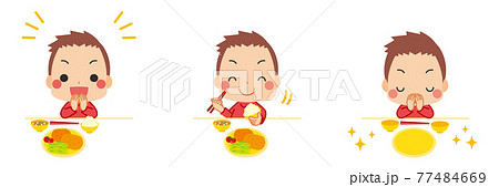 礼儀正しく挨拶をして食事をする可愛い小さな男の子のイラスト　セット　バリエーション　白背景 77484669