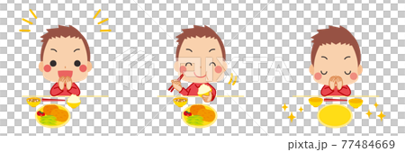 礼儀正しく挨拶をして食事をする可愛い小さな男の子のイラスト　セット　バリエーション　白背景 77484669