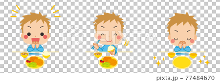 一個可愛的小男孩的插圖集變體，他禮貌地打招呼，吃著白色背景 77484670