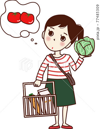 買い物かごとキャベツを持って悩んでいる女性。 買い物かごとキャベツを持って悩んでいる女性。 77485309