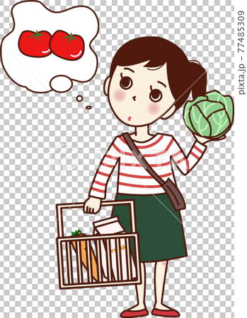 買い物かごとキャベツを持って悩んでいる女性。 買い物かごとキャベツを持って悩んでいる女性。 77485309