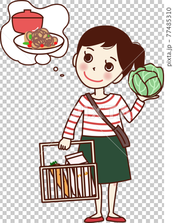 買い物かごを持って今日のご飯を考えている女性 のイラスト素材