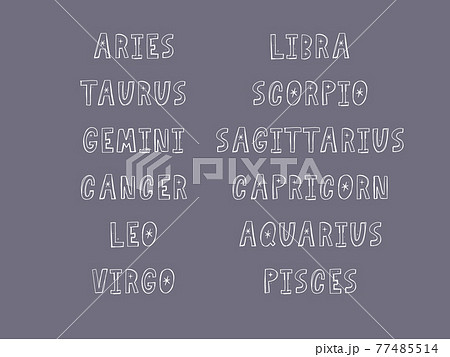 Zodiac lettering Vector Sign. Cartoon astrology text illustration. Horoscope handwritten icon set. 77485514