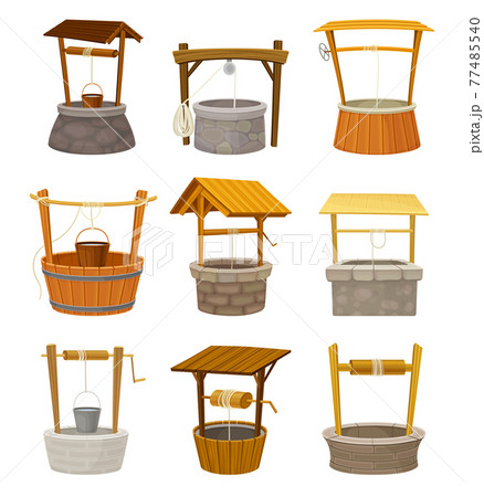 Well as Stone or Wood Structure in the Ground for Accessing Water with Bucket Raising by Hand Using Winch Vector Set Well as Stone or Wood Structure in the Ground for Accessing Water with Bucket Raising by Hand Using Winch Vector Set 77485540