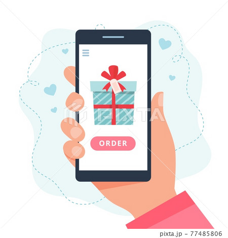 Online shopping gifts. Screen with present. illustration in flat style Online shopping gifts. Screen with present. illustration in flat style 77485806