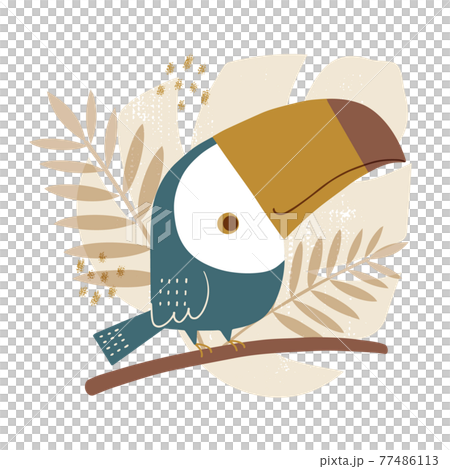 トロピカルな植物の背景に 枝に止まったかわいいオオハシのイラストのイラスト素材