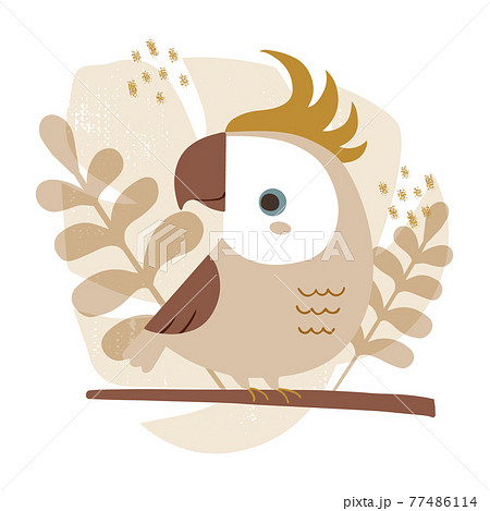 トロピカルな植物の背景に 枝に止まったかわいいオウムのイラストのイラスト素材