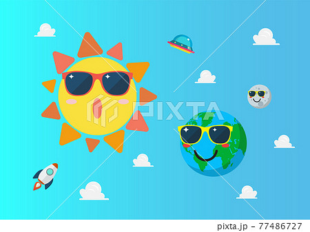 Planet earth wearing sunglasses againts sun character on blue sky Planet earth wearing sunglasses againts sun character on blue sky 77486727