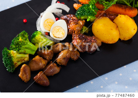 Delicious cooked chicken hearts served with baked potatoes and eggs Delicious cooked chicken hearts served with baked potatoes and eggs 77487460
