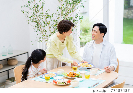 食事の用意をする母親と家族 食事の用意をする母親と家族 77487487