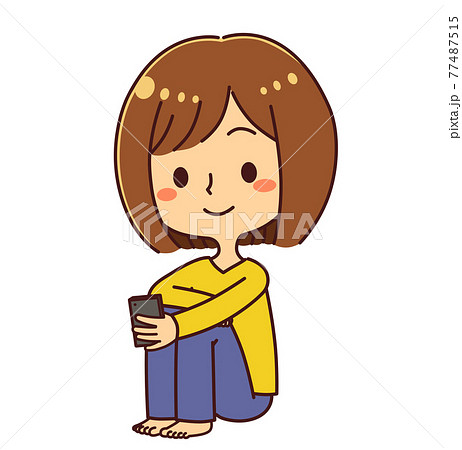 体操座りでスマホを見る女性　イラスト素材 77487515