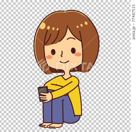 体操座りでスマホを見る女性　イラスト素材 77487515