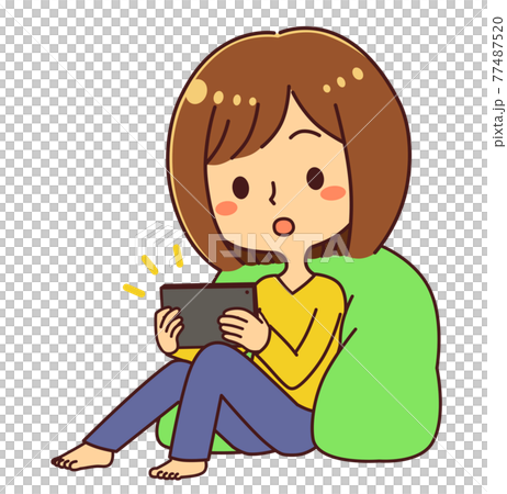 くつろぎながらタブレットを観る女性　イラスト素材 77487520