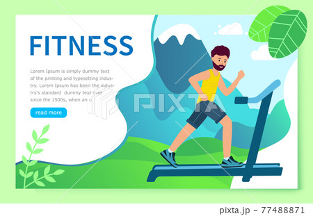 Website Concept fitness. An adult runs on a treadmill against 77488871