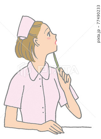 右上を向いて考え事をする看護師 ナース のイラスト 横顔のイラスト素材