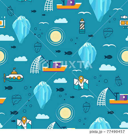 Underwater Related Vector Seamless Pattern with Iceberg, Mammals and Fish. Wrapping Paper Pattern. Iceberg Flat Illustration. 77490457