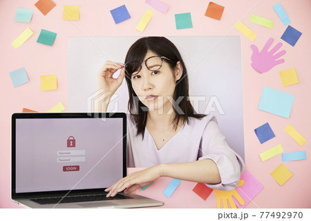 Woman with laptop. Forgot password Woman with laptop. Forgot password 77492970