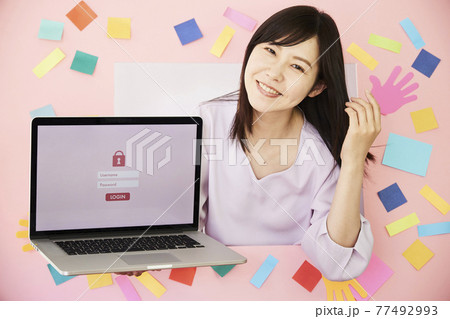 Woman with laptop. Forgot password Woman with laptop. Forgot password 77492993