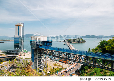 Panoramic view of Yeosu port and Odongdo Island and sea from Jasan Park in Yeosu, Korea Panoramic view of Yeosu port and Odongdo Island and sea from Jasan Park in Yeosu, Korea 77493519