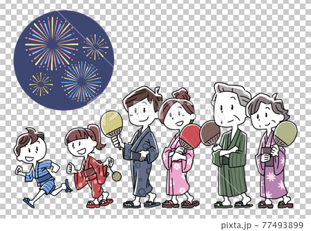 花火大会に行く家族のイラストのイラスト素材